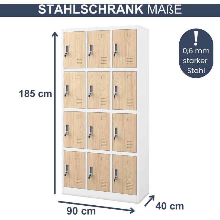Schließfachschrank Spind BERN - 12 Fächer, Etikettenhalter Lüftungsschlitze | Wertfachschrank Umkleideschrank Metall Kleiderspind, 185x90x40cm Weiß-Sonoma Eiche – Bild 2