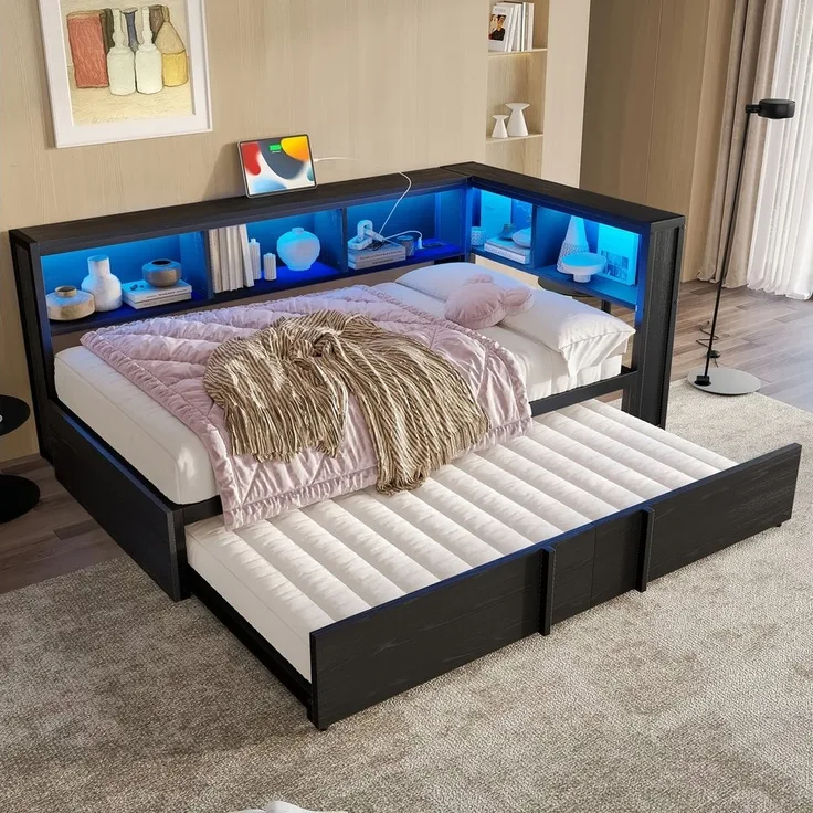 Merax Daybett 90x200cm mit LED-Beleuchtung und USB-Anschlüssen (Jugendbett Kinderbett aus Metall und MDF, 1 tlg), Tagesbett mit Ausziehbett & 5 Stauschränken, Sofabett, Schlafsofa