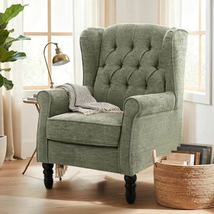 COLAMY Mid-Century Modern Sessel Wohnzimmer, Gepolsterter Wingback-Sessel mit Knopfsteppung, loungesessel Bezug aus Gewebe mit Massivholzbeinen für Wohnzimmer, Büro, Café - Grün – Bild 1