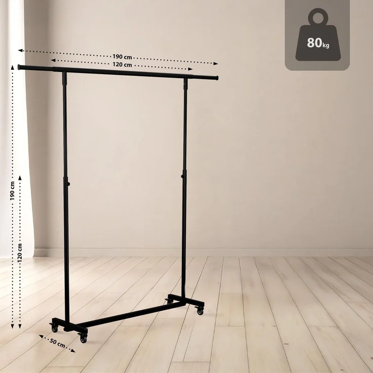CLP Kleiderständer Soran auf Rollen ausziehbar höhenverstellbar klappbar aus Stahl,120 x 50 x 188 cm – Bild 2