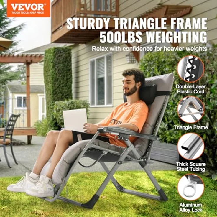 VEVOR Sonnenliege Liegestuhl Klappbar & Wetterfest, Gartenstuhl Belastbar 226,8 kg Verstellbarer Anti-Schwerkraftstuhl mit Kissen, Kopfstütze, Fußstütze, Getränkehalter, 83,82 cm Gartenliege, Grau – Bild 5