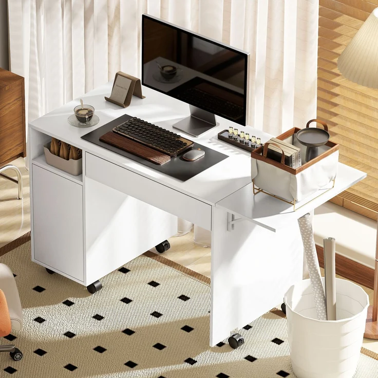MELAYR, Rollbarer Computertisch, klappbarer Schreibtisch mit Schrank und Schublade, Spanplatte, Weiß, 130 x 58 x 73.2 cm – Bild 3