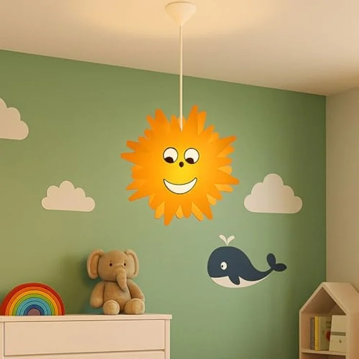 LED Hängeleuchte, Kinder, Sonnen-Design, Holz, gelb, D 38 cm – Bild 4