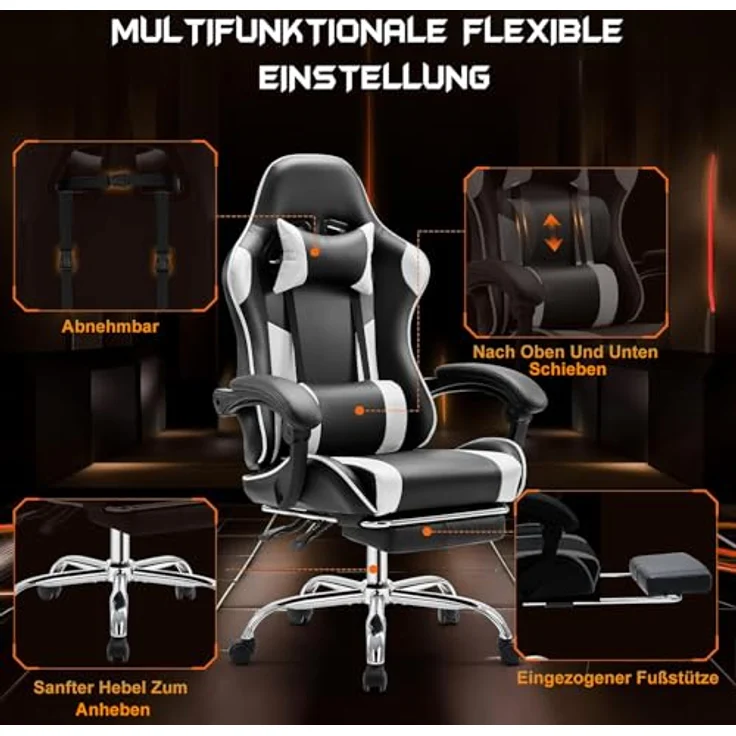 DUMOS Gaming Stuhl Ergonomischer Gaming Stuhl mit Fußstütze Atmungsaktiver PC Stuhl mit verstellbare Lendenkissen Kopfkissen und Armlehnen 150 kg Belastbarkeit Drehsessel – Bild 7