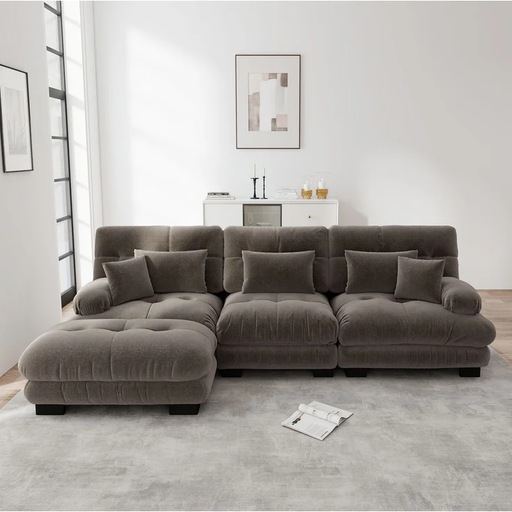 DESVIAE Sofa modular mit beweglichen Ottomanen aus Chenille Braun, 313 x 145 x 81 cm – Bild 2