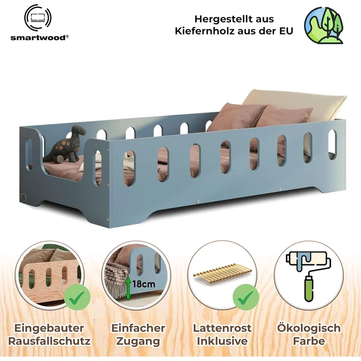 smartwood Kinderbett Bodenbett 90x190 mit Rausfallschutz & Lattenrost - Blau - Kinder Montessori Bett TILA 2B mit glatten Kanten - Betten für schnelle Montage - Bis 230 kg belastbar – Bild 3