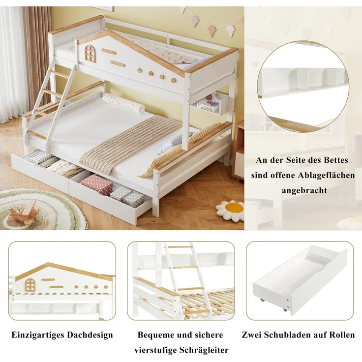 Etagenbett 90×200 & 140×200 – Offenes Regal, 2 Schubladen, vierstufige Schrägleiter, rundum Fallschutz,Massivholz & MDF – Weiß & Natur – Bild 5