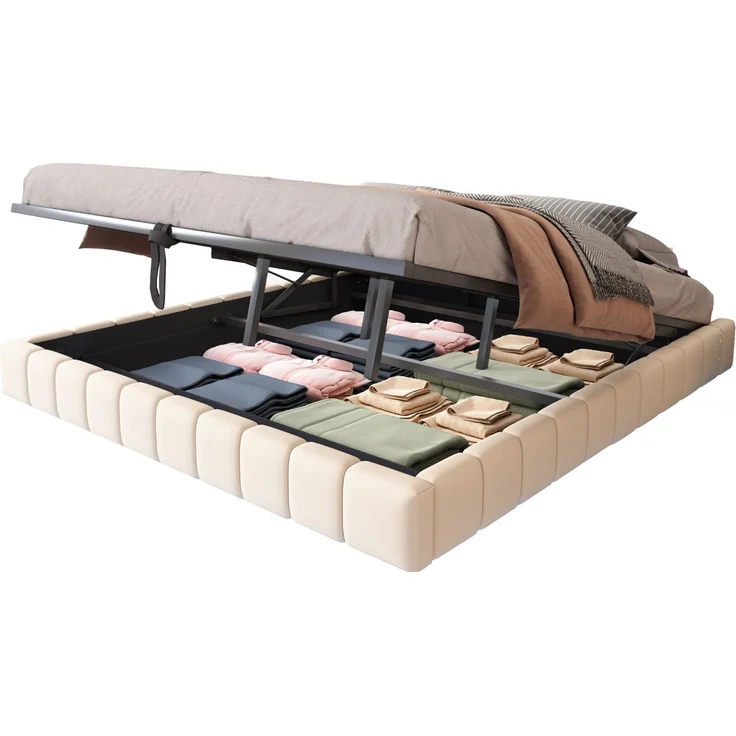 Polsterbett 180x200 cm, Hydraulischer Schwebebettrahmen mit Stauraum, Multifunktionales Polsterbett ohne Kopfteil mit LED-Licht, Leinen Beige – Bild 9