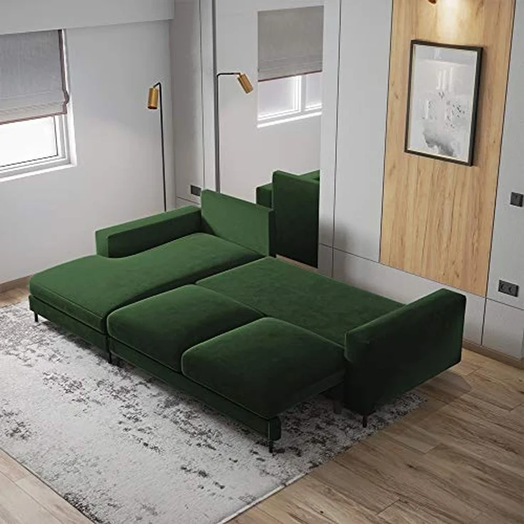 Selsey Mokpeo - Ecksofa mit Schlaffunktion, Bettkasten und schwarzen Füßen, 244 cm breit (Veloursbezug Flaschengrün, Ottomane Links) – Bild 4