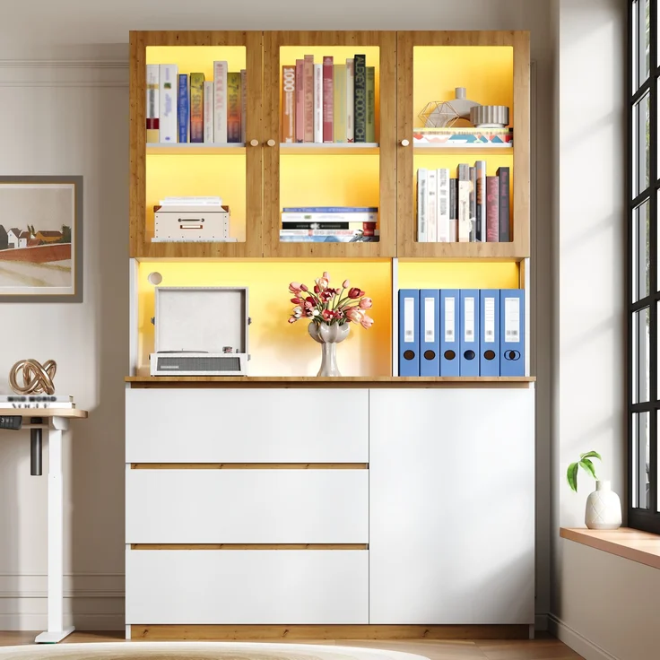 Hochschrank 200x120x24.5 cm mit LED, Glasvitrine, 3 Schubladen in Weiß/Eiche – Bild 2