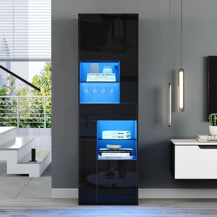 55*38*170cm Verkaufsvitrine, Hochschrank mit 1 Schublade und 4 Schränken,Glasvitrine Vitrinenschränke mit led , Vitrinen Mit Hochglanz-Design,Wohnzimmerschränke, Vitrinen, Schaukästen,Schwarz – Bild 1