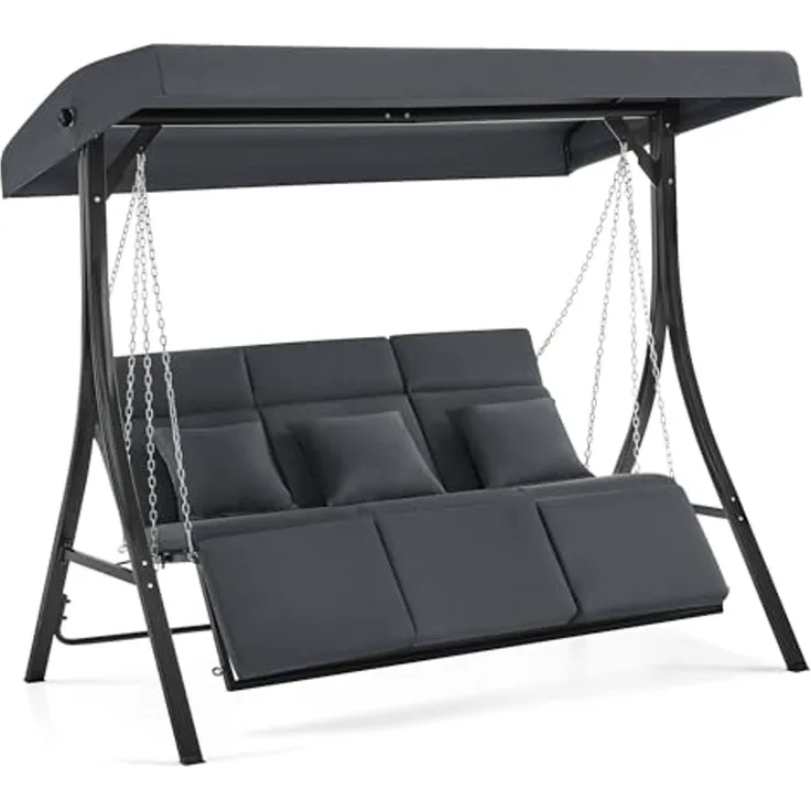 M MCombo Hollywoodschaukel mit Liegefunktion, Gartenschaukel 3 Sitzer Wetterfest, Outdoor Schaukelbank mit Metallketten, Verstellbarem Dach, 123*194*169 cm, 8018 (Dunkgelgrau)