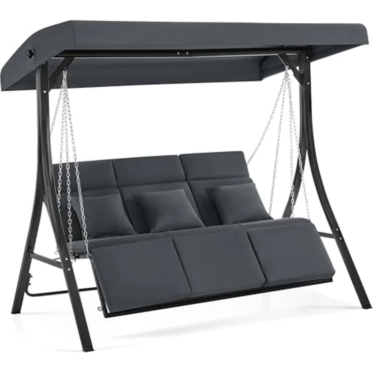 M MCombo Hollywoodschaukel mit Liegefunktion, Gartenschaukel 3 Sitzer Wetterfest, Outdoor Schaukelbank mit Metallketten, Verstellbarem Dach, 123*194*169 cm, 8018 (Dunkgelgrau) – Bild 1