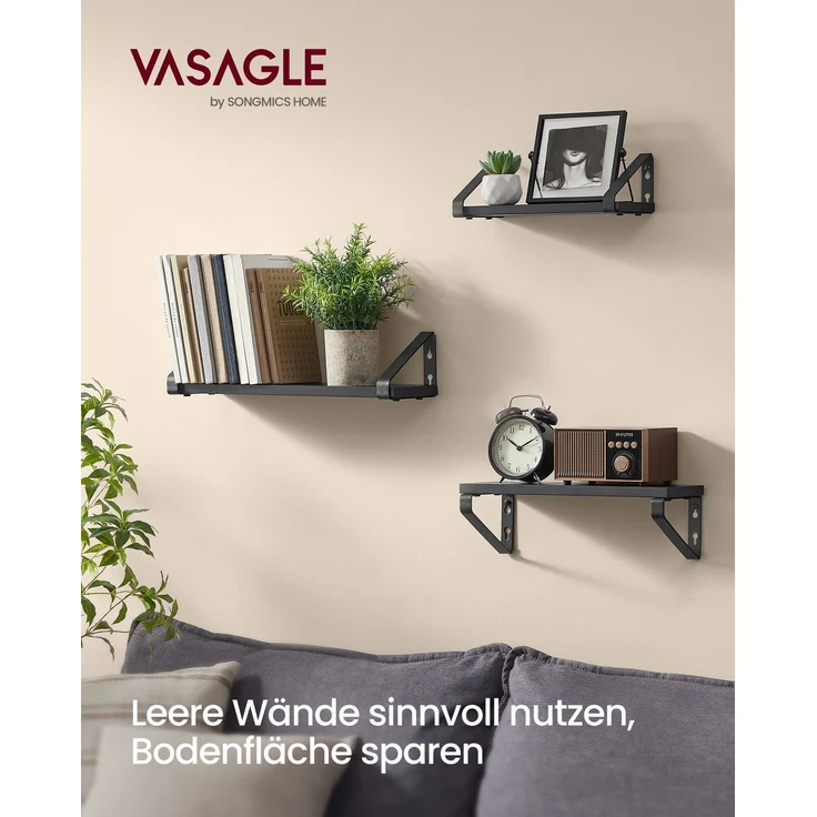 VASAGLE Wandregal, Schweberegal, 3er Set, Regalbrett, 2 Montagemöglichkeiten, Regal zur Präsentation, für Wohnzimmer, Küche, Arbeitszimmer, Badezimmer, tintenschwarz-mattschwarz LWSDE033B10 – Bild 1