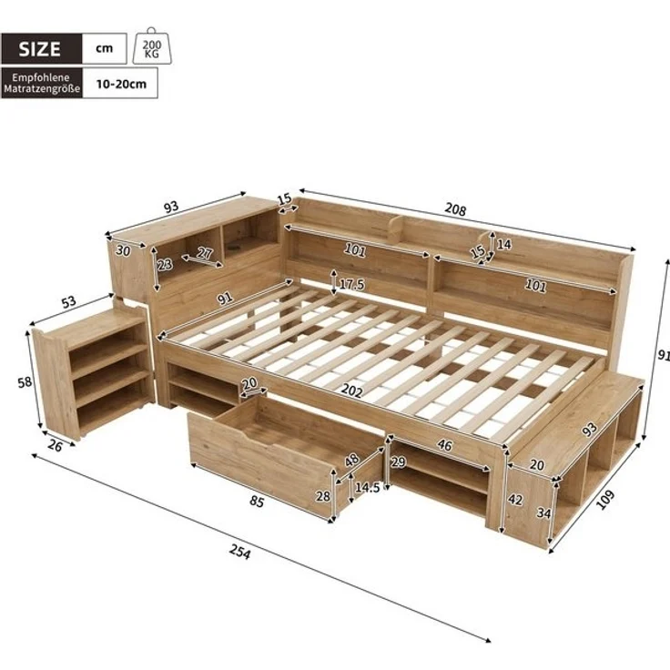 STILVORA Holzbett 90x200 mit Schublade,Jugendbett Stauraumbett mit Lattenrost,Natur (Stauraumbett, Kinderbett, 1-tlg, 90*200 cm, ohne Matratze), mit ausziehbarer Nachttisch Schubladen, Regal und Stauschrank – Bild 4