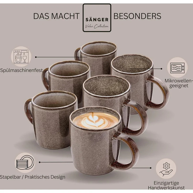 SÄNGER Kaffeebecher Set Kairo Graphit - 6 teilig aus Steingut – Bild 4
