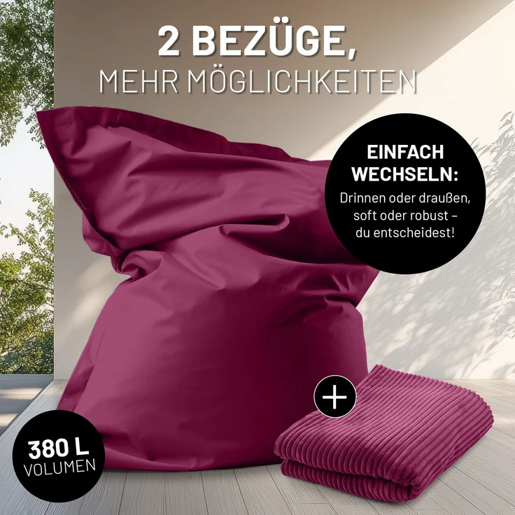Lumaland Sitzsack Classic XXL All-in-One Set | Riesen Sitzsack XXL mit Cord & Outdoor Bezug für drinnen & draußen | Sofa Sessel mit im Innensack sicher verpackter EPS-Füllung – Hüllen Easy wechselbar – Bild 4