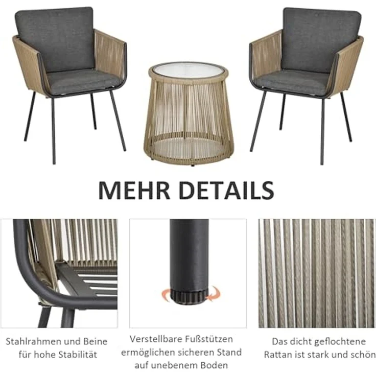 Outsunny Gartenlounge-Set Rattan Gartenmöbel-Set mit 2 Gartenstühle, Beistelltisch, (Sitzgruppe, 3-tlg, Gartengarnitur), für Balkon, Stahl, Grau – Bild 5