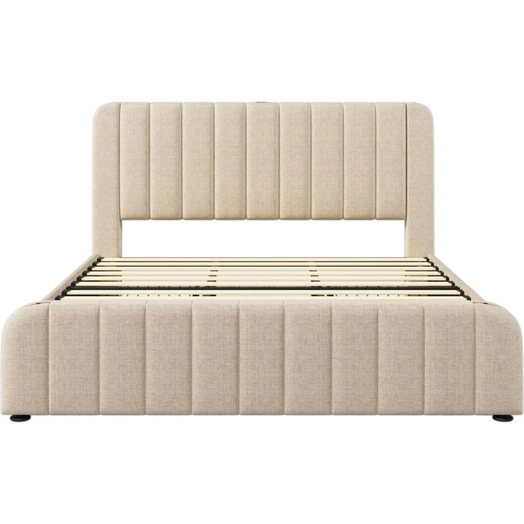 Polsterbett Doppeltes, gepolstertes Kopfteil mit goldenen Zierstreifen und ,USB Typ-C Ladefunktion 180*200 cm, Beige Leinen-Material mit 4 Schubladen ,Belastbarkeit 226 kg (Ohne Matratze) – Bild 10