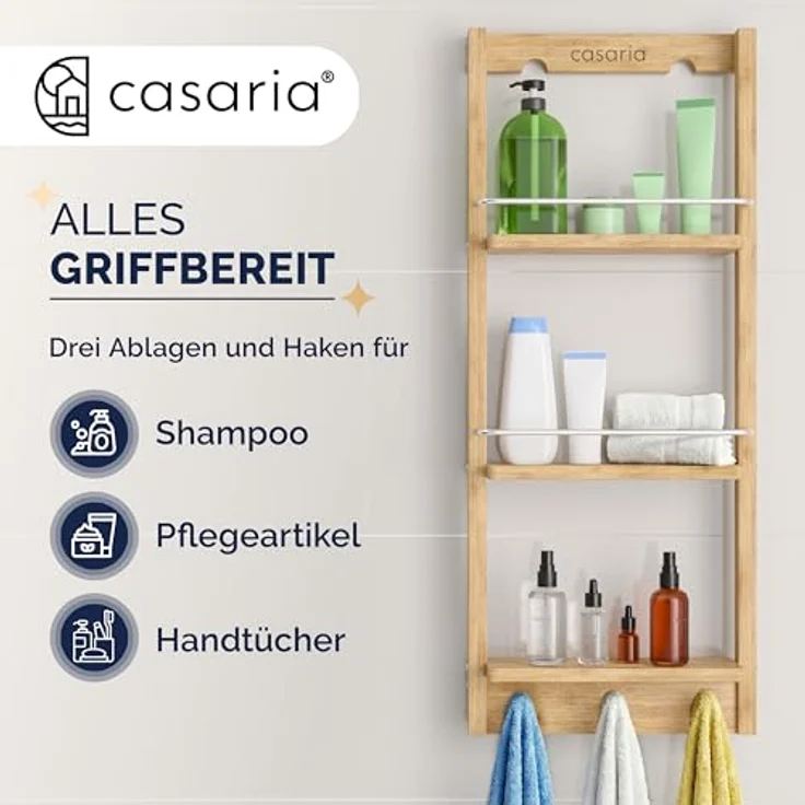 Casaria Badregal mit 3 Böden und 3 Haken, Bambus natur, 28,5 x 70 x 10 cm – Bild 8