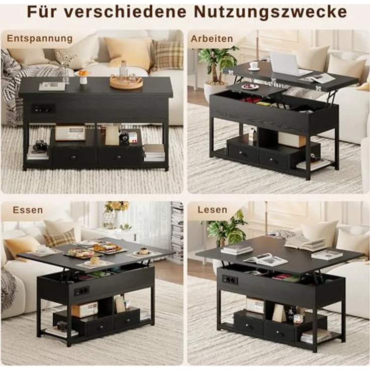 IRONCK Couchtisch Höhenverstellbar, LED Wohnzimmertisch mit Steckdosen | 2AC+USB+USB‑C, Kaffeetisch Holz, 2 Schubladen, Umwandelbar Esstisch 100×80cm, Schwarz – Bild 7
