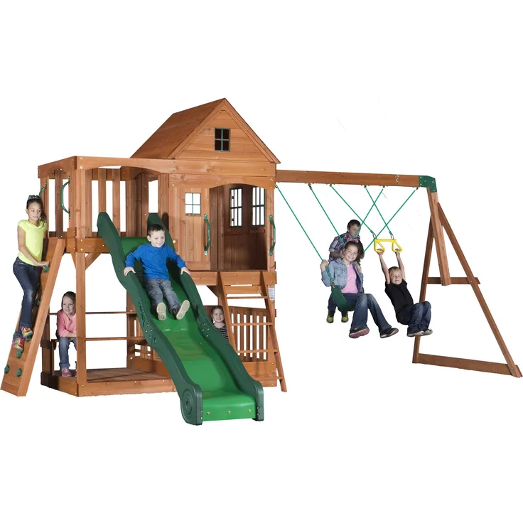 Backyard Discovery Spielturm Holz Hillcrest XXL Spielhaus für Kinder mit Rutsche, Sandkasten, Schaukel, Kletterwand und Picknicktisch | Braun | Holz | 408.9 cm