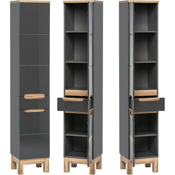 Badezimmer Hochschrank SOLNA-56 inkl. Standfüßen, Hochglanz grau, B x H x T ca. 35 x 187 x 33cm – Bild 1