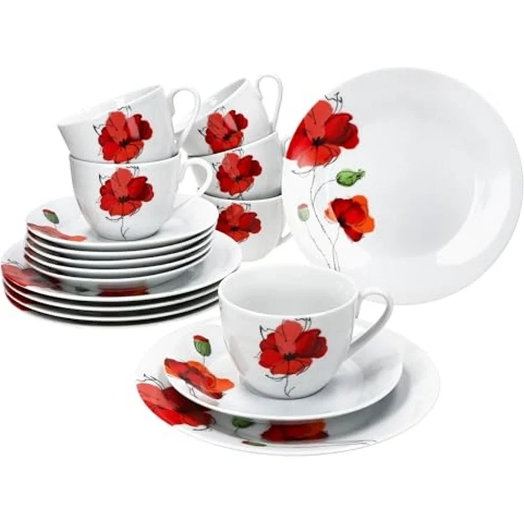 MamboCat Kaffeeservice MamboCat Mona 18tlg Kaffeeservice Mohnblüten Tasse Untertasse Teller, Porzellan – Bild 2