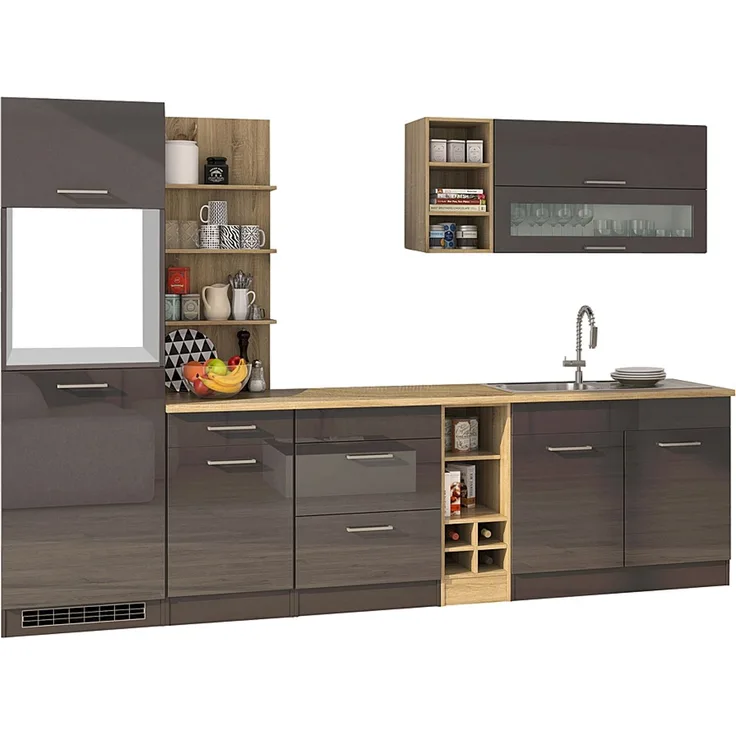 Küchenzeile 300 cm grau MARANELLO-03 , Anthrazit Hochglanz ohne E-Geräte B x H x T ca. 300 x 200 x 60cm