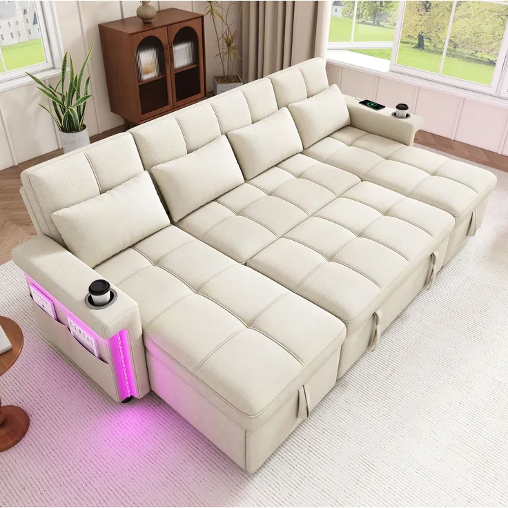 U-förmiges Ecksofa, Chenille mit Schlaffunktion und Stauraum, 268,5 x 141,5 x 90 cm, Beige
