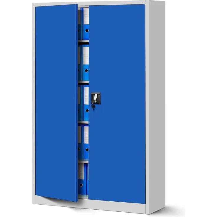 Jan Nowak Büroschrank XXL 'C001II' mit Flügeltüren, Stahlblech Pulverbeschichtung grau/ blau, 185 x 115 x 40 cm