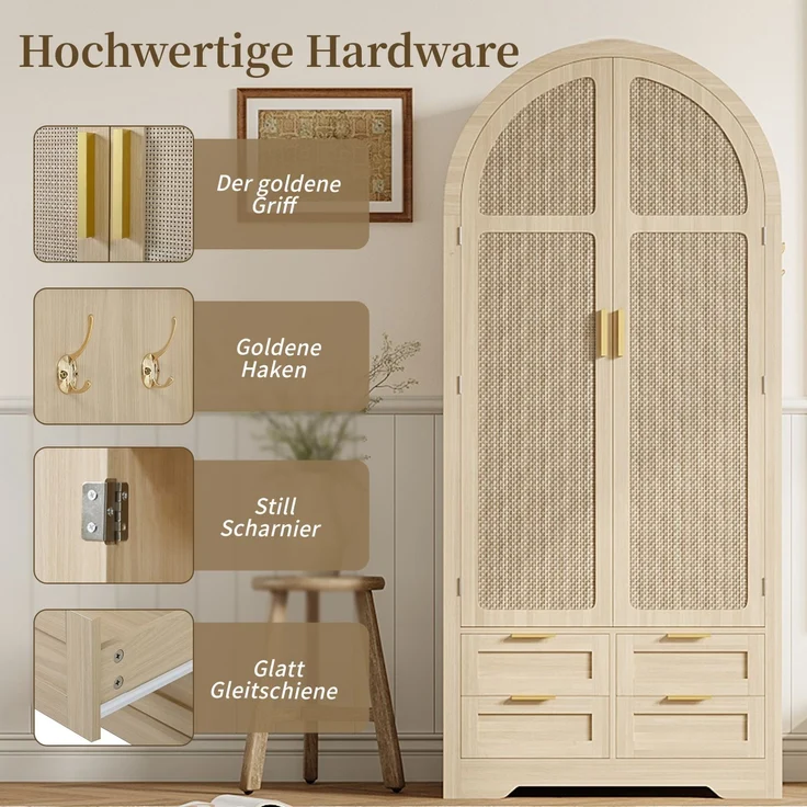 DESVIAE Garderobenschrank Eiche aus MDF – 80x180x50 cm – Rattantüren, Schubladen – Bild 6