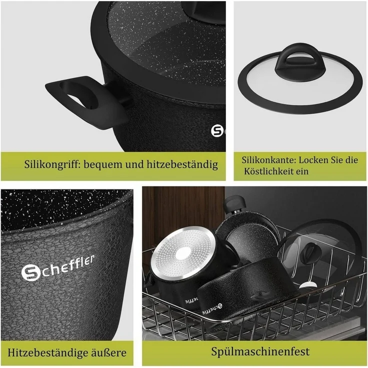 Scheffler Topf-Set 6tlg Induktions Töpfe Set Schwarze Antihaftbeschichtung mit Glasdeckel, Aluminium (Set, 6-tlg, Ø20 2,4L/Ø24 4,4L/Ø28 6,5L Töpfe Set mit Glasdeckel), Induktionsgeeignet – Bild 2