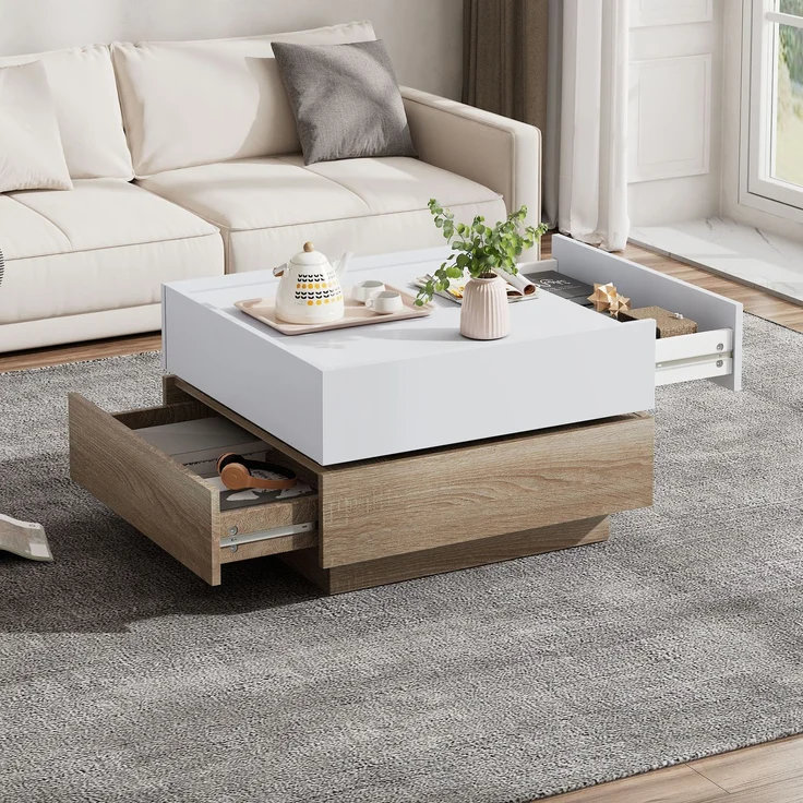 Merax Funktionaler Couchtisch für das Wohnzimmer, 360° drehbar, drehbare Tischplatte mit 2 Ablagen und Stauraum, Gestell Wohnzimmerbeistelltisch, 60*60*38 cm, weiß+walnuss – Bild 3