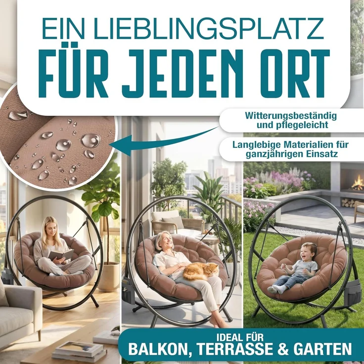 KESSER® Hängesessel mit Gestell BALI Hängeschaukel Hängestuhl bis 150kg für Indoor und Outdoor + Kissen & Seitentasche Hängekorb Stahlgestell & Schaumstoff Sitzpolster ideal für Wohnzimmer & Garten Taupe – Bild 4