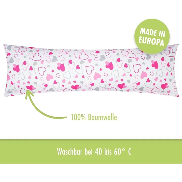 Heubergshop Seitenschläferkissenbezug, (1 Stück), 40x145cm Reißverschluss lange Seite kleine und große Herzen (KY-550-1) – Bild 3