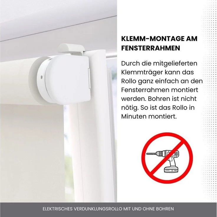 Elektrisches Rollo Verdunklungsrollo mit Zugmotor aufladbarer Motor, Plisseeonline, verdunkelnd, Fensterrahmen Montage ohne Bohren und Wand-, oder Deckenmontage möglich, freihängend, Klemmfix Fenster,- Decken oder Wandmontage, Weiß, Grau – Bild 2