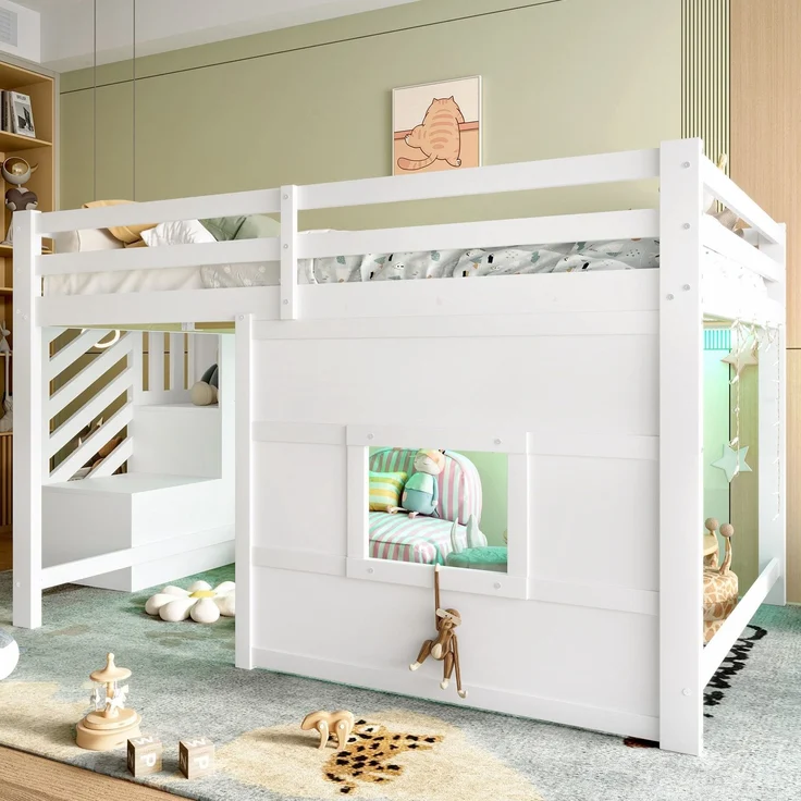 Hochbett mit Lattenrost und LED-Beleuchtung, 140x200 cm, Treppe mit Regal, Kinderbett mit Rausfallschutz, Spielbett, Kiefer – Bild 3