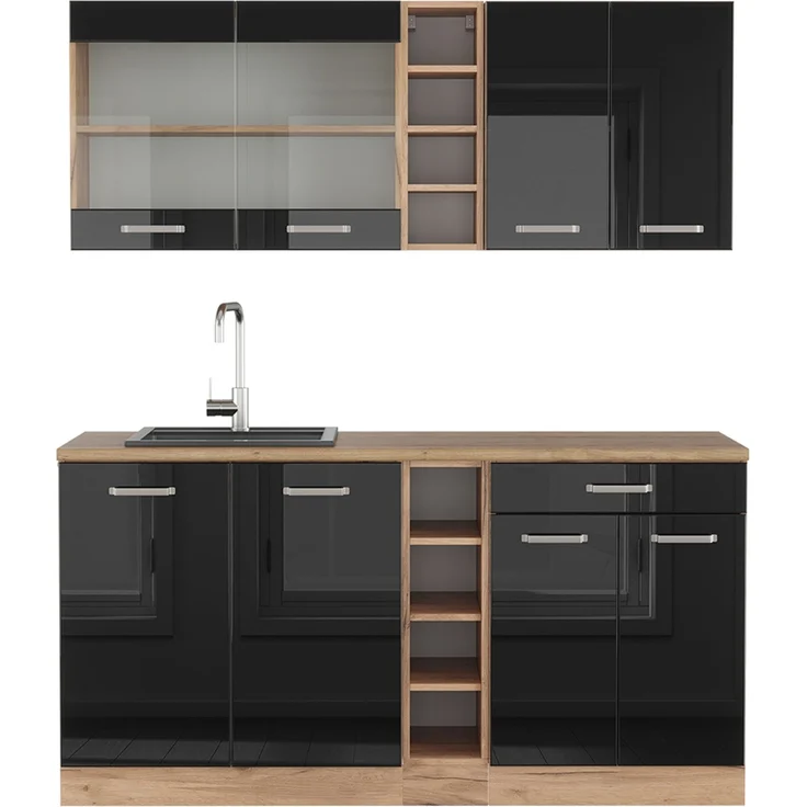 Singleküche R-Line Schwarz Hochglanz/Goldkraft Eiche 160 cm , AP Eiche Vicco – Bild 1