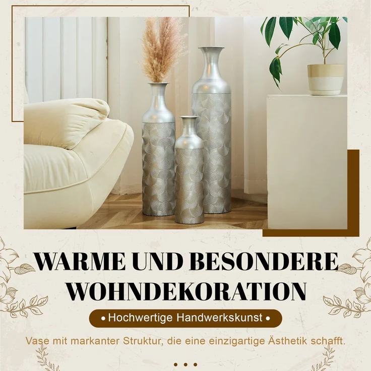 LVHOM 3er Set Bodenvase, Große Vasen aus Metall mit Rillenmuster, Dekovase für Trockenblumen, Höhen 50/66/83 cm, Vasen Set für Wohnzimmer, Flur und Büro, Silber – Bild 7