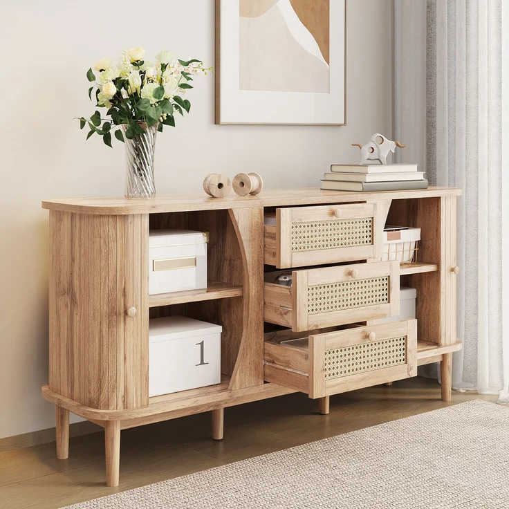 Merax Sideboard, Rattan, mit Schiebetüren, verstellbaren Einlegeböden und abgerundeter Platte, Holzfarbe, 76 x 140,5 x 40 cm – Bild 4