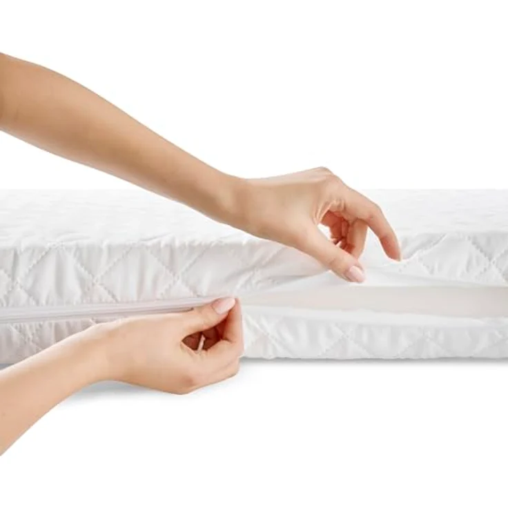 Weiß Babybett Gitterbett mit Schublade 120x60 + Schaumstoffmatratze + Sicherheitsgitter aus Holz + Schutzhülle – Bild 9