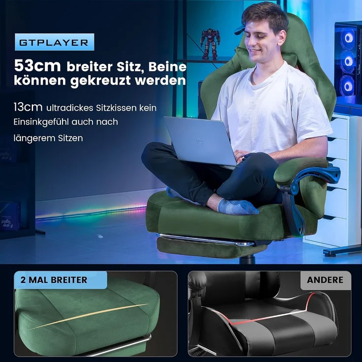 GTPLAYER Gaming Stuhl, Atmungsaktiver Bürostuhl, bürostuhl ergonomisch, Hochwertiger - Stoff, Ergonomischer PC Stuhl, 160° Verstellbare Rückenlehne und ausziehbare Fußstütze, Grün – Bild 6