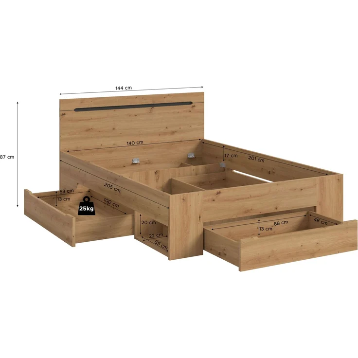 Bett Sova 140x200, Modernes Bett in Eiche-Optik mit Schubladen & Fächern – Bild 3