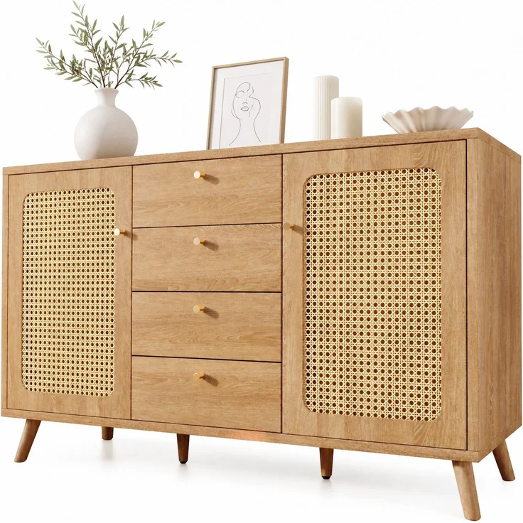 DESVIAE Sideboard mit 4 Schubladen und 2 Türen 140x86x40 cm aus Spanplatte und MDF, helle Eiche – Bild 7