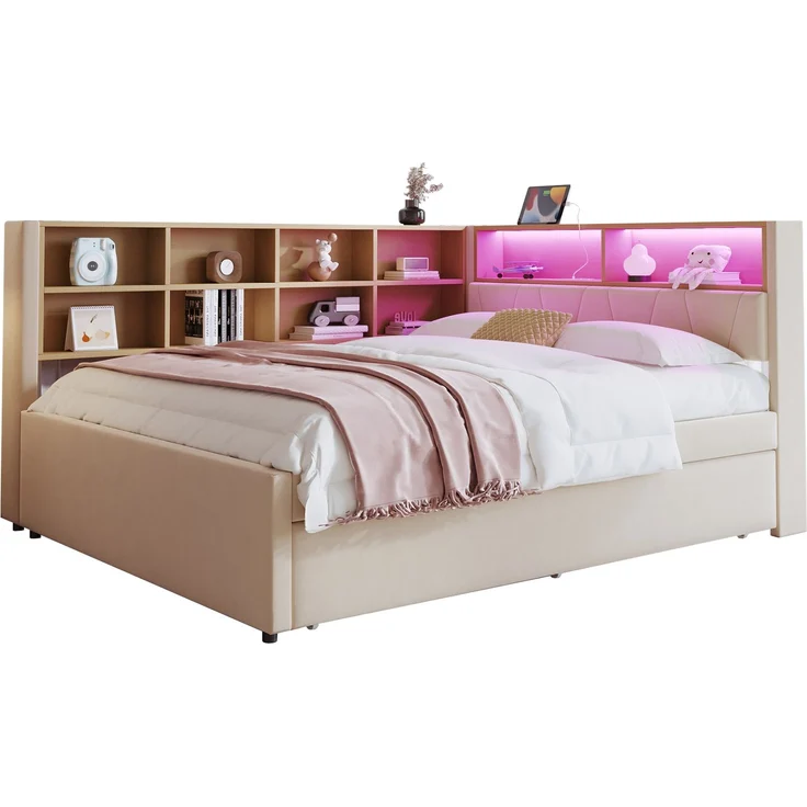Multifunktionales Schlafsofa 140x200 cm mit Ausziehbett, LED-Leuchten, USB & Typ-C Ladeanschluss, Stauraum,Beige – Bild 8