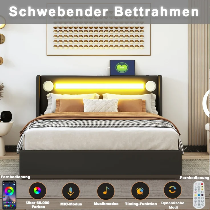 Polsterbett 160x200 Bett mit LED-Lichtleiste, Bluetooth-Player und USB-Aufladung, Stauraumbett aus PU-Leder, Hochbettkasten, Doppelbett mit Lattenrost Schwarz – Bild 6