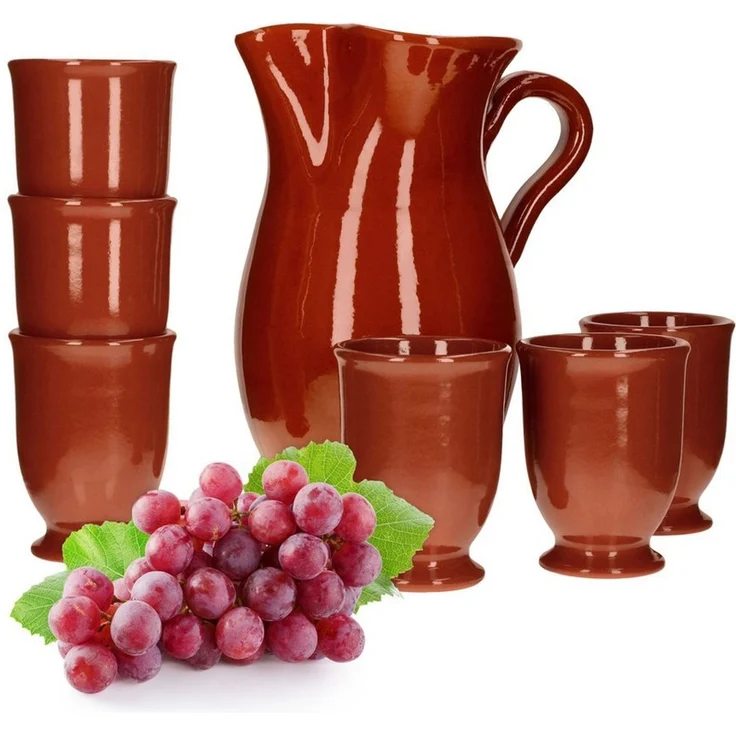MamboCat Karaffe 7tlg.-Set: Tonkrug 1.9L + 6 Tonbecher 175ml Ton-Geschirr rotbraun – Bild 1