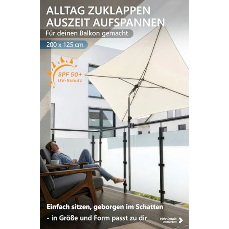 4smile Sonnenschirm Balkon 200x125 cm mit Schirmhülle, Anthrazit - UV50+ Sonnenschirm rechteckig knickbar höhenverstellbar, Sommer Schirm für Sonnenschutz Balkon als Ersatz für Ampelschirm – Bild 3