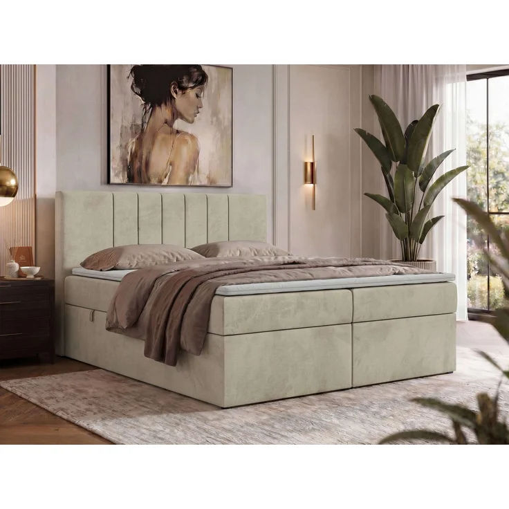 Boxspringbett INERO 160 x 200 mit Matratze H3 und Topper T25, 7-Zonen-Multipocket-Kern, zwei Bettkästen, Doppelbett, gepolstert Kopfteil - Beige Velvet – Bild 1